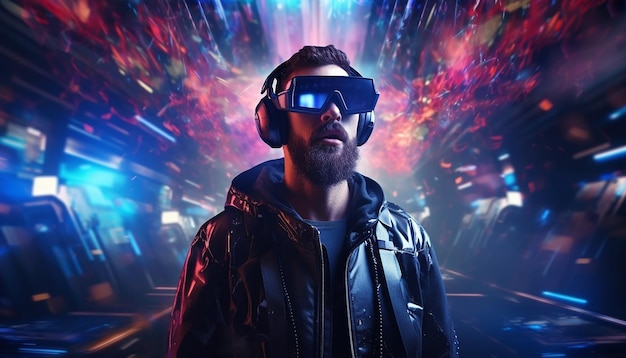 Concetto futuristico di realtà virtuale Tecnologie VR e AR Un uomo in occhiali con illustrazione 3d
