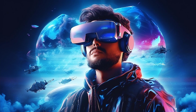 Concetto futuristico di realtà virtuale Tecnologie VR e AR Un uomo in occhiali con illustrazione 3d