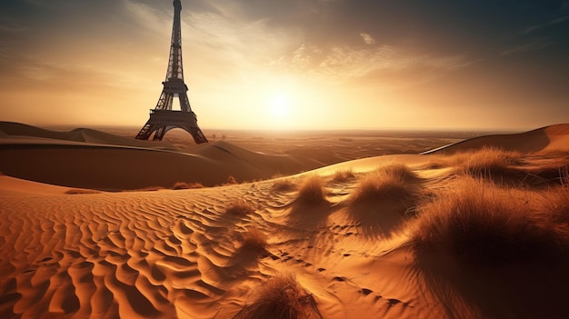 Concetto futuristico di salvare il pianeta Torre Eiffel parigina nelle sabbie del deserto Catastrofe ecologica