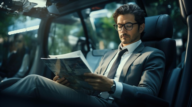 Concetto futuristico uomo d'affari elegante e elegante in auto smart di Ai