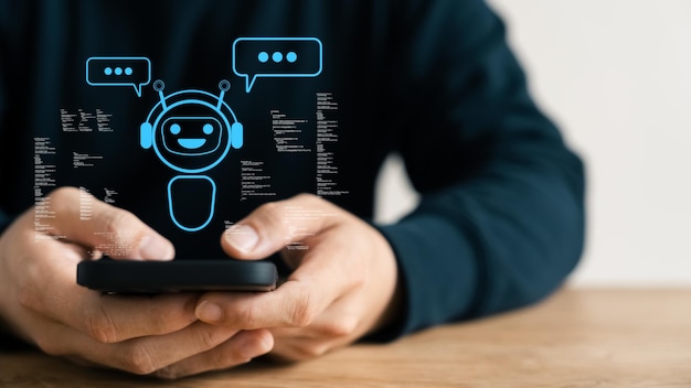 Concetto Gli esseri umani lavorano con l'intelligenza artificiale Gli esseri umani usano la tecnologia intelligente dell'IA Introdurre il prompt dei comandi per generare per risolvere i problemi Lasciare che l'IA aiuti gli esseri umani a fare il loro lavoro