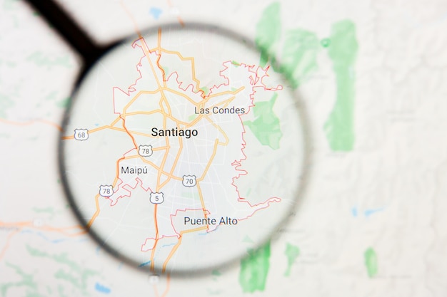 Concetto illustrativo di visualizzazione della città di Santiago, Cile sullo schermo di visualizzazione tramite la lente d'ingrandimento