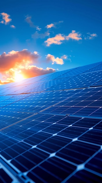 Concetto industriale di elettricità rinnovabile blu di generazione solare di energia fotovoltaica pulita Verticale