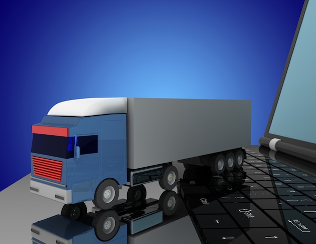 concetto logistico 3D. camion e laptop. illustrazione 3D