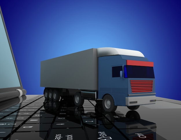 concetto logistico 3D. camion e laptop. illustrazione 3D