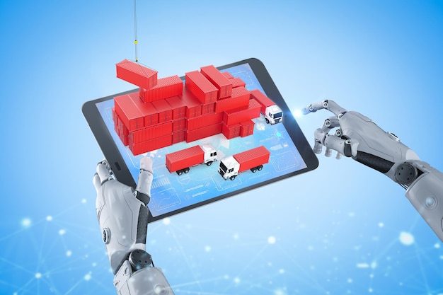Concetto logistico intelligente con sistema di magazzino di controllo robot con tablet