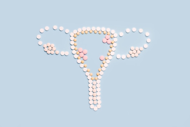 Concetto medico dell'utero Utero femminile fatto di pillole Endometriosi polipsixAControllo ginecologico per la salute delle donne