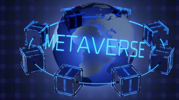 Concetto Metaverse Cubi tecnologici con iscrizione metaverse 3d render