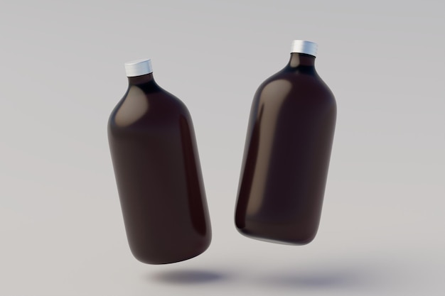 Concetto minimalista Cold Brew Coffee Amber Brown Grande confezione di bottiglie di vetro Mockup Bottiglie multiple Rendering 3D con etichetta vuota