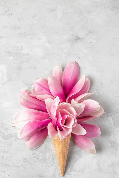 Concetto minimo primaverile Cono di waffle gelato con fiori di magnolia rosa su sfondo di cemento Disposizione piatta Orientamento verticale