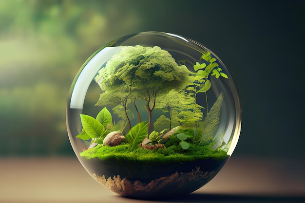Concetto mondiale dell'ambiente e della giornata della terra con globo di vetro e ambiente ecologico Ai generativo