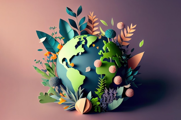 Concetto mondiale dell'ambiente e della giornata della terra con il globo e l'ambiente ecologico cartaceo Arte generativa Ai