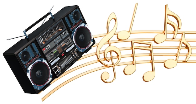 Concetto musicale Boombox con note musicali rendering 3d