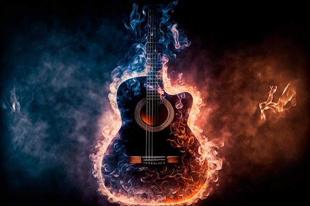 Concetto musicale Chitarra acustica fumo chitarra rock epico IA generativa