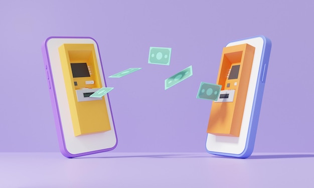 Concetto online del sistema di trasferimento del pagamento di denaro nella transazione dell'applicazione Internet banking su due cartoni animati per smartphone con spazio di copia minimo banner 3d rendering illustrazione