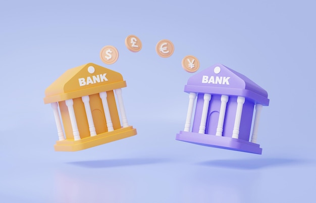 Concetto online di transazione del sistema monetario di trasferimento di valuta di pagamento di due banche in Internet banking dollaro libbra euro yen illustrazione fumetto spazio minimo copia rendering 3d