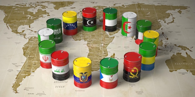 Concetto OPEC Barili di petrolio a colori delle bandiere dei paesi membri dell'OPEC sullo sfondo della mappa politica mondiale