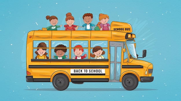 Concetto per il ritorno a scuola autobus scolastico con bambini zaino con articoli di cancelleria