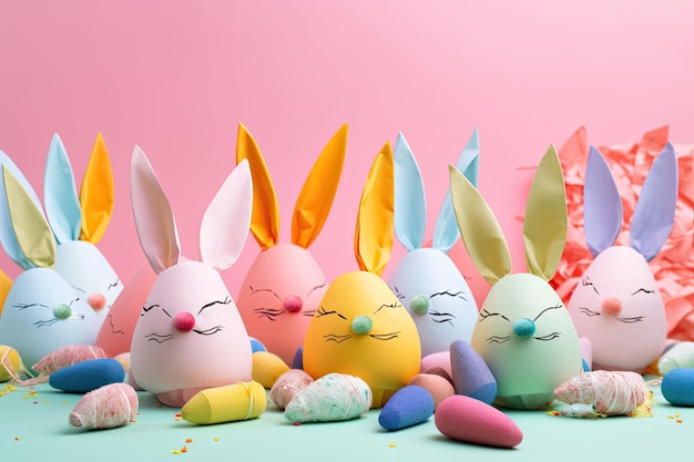 Concetto per la celebrazione della Pasqua con adorabili orecchie da coniglio e cappelli da festa