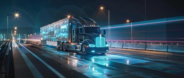 Concetto per un camion semi-autonomo con rimorchio da carico che guida di notte sulla strada con sensori che scansionano le aree circostanti Effetti speciali di un camion autonomo che digitalizza il traffico autostradale