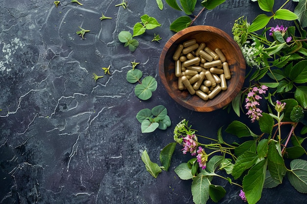 Concetto sanitario olistico che raffigura capsule di erbe in un ambiente naturale circondato da una varietà di piante verdi e fiori