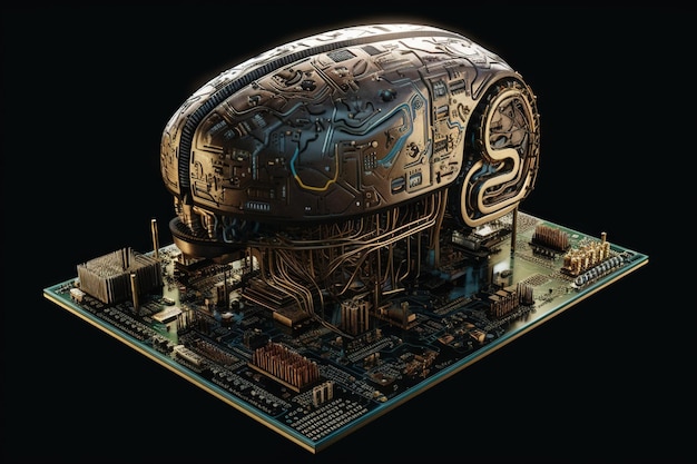 Concetto scientifico di intelligenza artificiale con cervello tecnologico di IA sulla scheda di circuito