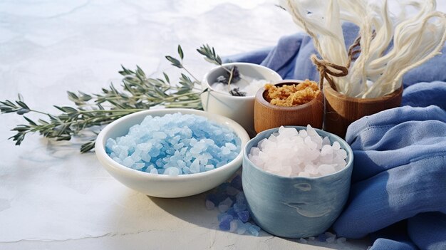 concetto spa blu salino asciugamano sapone sale e sale marino su tavola bianca