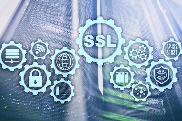 Concetto SSL Secure Sockets Layer I protocolli crittografici forniscono comunicazioni sicure Sfondo della sala server