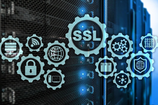 Concetto SSL Secure Sockets Layer I protocolli crittografici forniscono comunicazioni sicure Sfondo della sala server