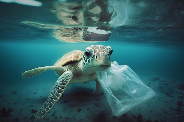 Concetto subacqueo di problema globale con rifiuti di plastica che galleggiano negli oceani Tartaruga embricata nella didascalia del sacchetto di plastica Rete neurale generata dall'intelligenza artificiale