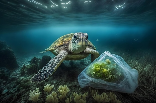 Concetto subacqueo di problema globale con rifiuti di plastica che galleggiano negli oceani Tartaruga embricata nella didascalia del sacchetto di plastica Rete neurale generata dall'intelligenza artificiale