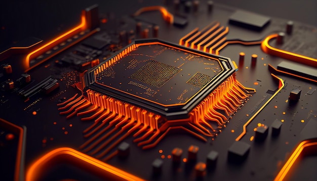 Concetto tecnologico avanzato con microchip Orange Neon I dati passano dalla CPU a una scheda madre futuristica in cui viene utilizzata l'IA generativa