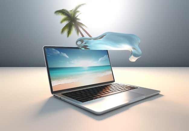 Concetto vacanza computer spiaggia palma tropicale viaggio albero estivo portatile IA generativa