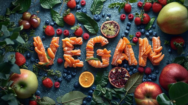 Concetto vegano con scritte Varietà di frutta e verdura biologica fresca Concetto alimentare vegano