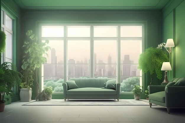 concetto verde del salone elegante con la grande finestra AI generato
