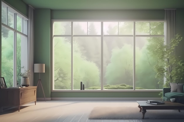 concetto verde del salone elegante con la grande finestra AI generato