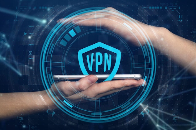 Concetto VPN Rete virtuale sicura Connessione Internet su smartphone moderno Foto dell'applicazione del telefono cellulare con dati informatici