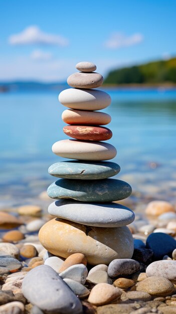 Concetto Zen di armonia e pace con una piramide di pietre rotonde in un lago generato dall'IA
