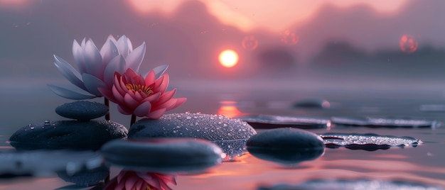 Concetto Zen Lilia d'acqua nel lago al tramonto con pietre da spa