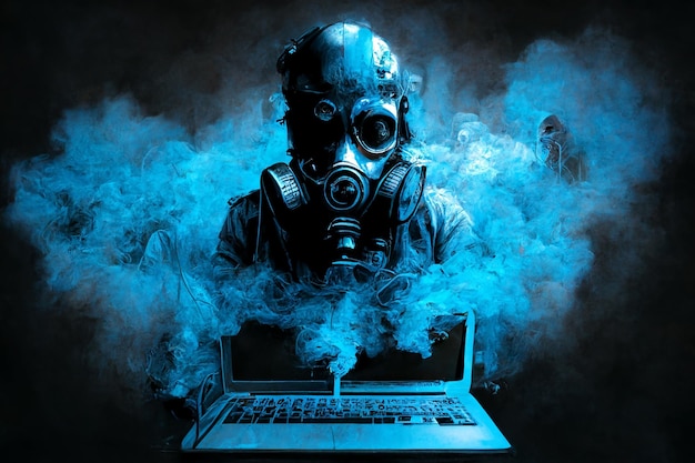 Concezione di un hacker con fumo blu sullo sfondo
