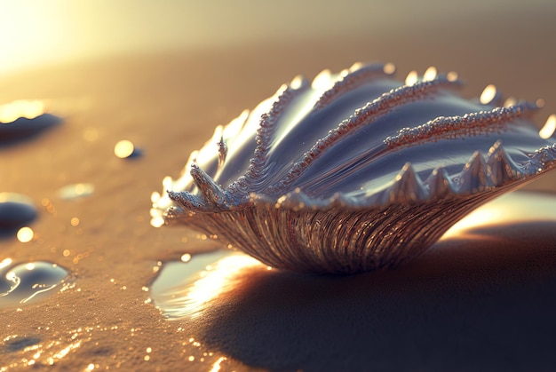 Conchiglia di fantasia astratta sulla spiaggia Conchiglia surreale sul paesaggio del pianeta alieno IA generata