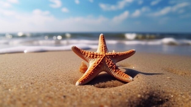 conchiglia di stelle marine sulla spiaggia nell'azione dal vivo del paesaggio marino con luce all'alba