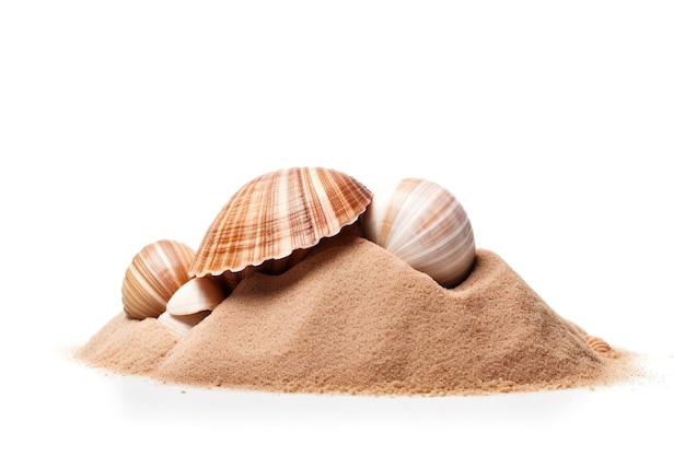 Conchiglia in mucchio di sabbia isolato su sfondo bianco