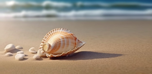 Conchiglia in riva al mare sullo sfondo di sabbia e acqua Vacanze per il tempo libero turismo Con copia spazio