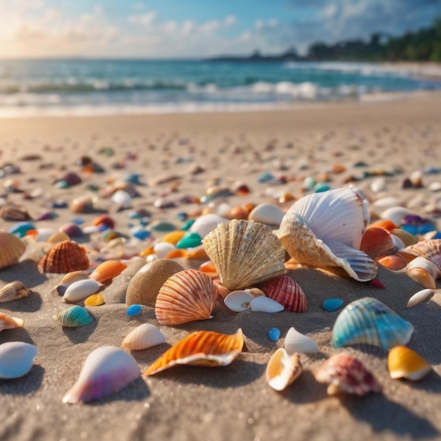 Conchiglie colorate sparse su una spiaggia sabbiosa