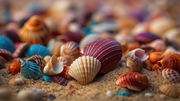 Conchiglie colorate sulla spiaggia sabbiosa per lo sfondo delle vacanze estive