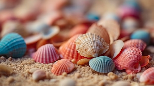 Conchiglie colorate sulla spiaggia sabbiosa sfondo perfetto per le vacanze estive