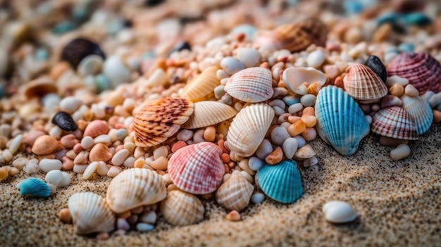 Conchiglie colorate sulla spiaggia sabbiosa sfondo perfetto per le vacanze estive