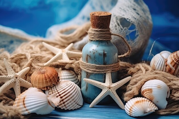 Conchiglie di mare sfondo blu Conchiglia di mare corda e bottiglie Mockup in stile rustico tessuto legno