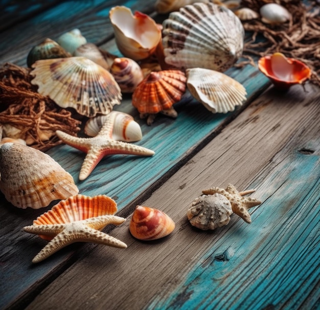 Conchiglie di mare su un tavolo di legno blu